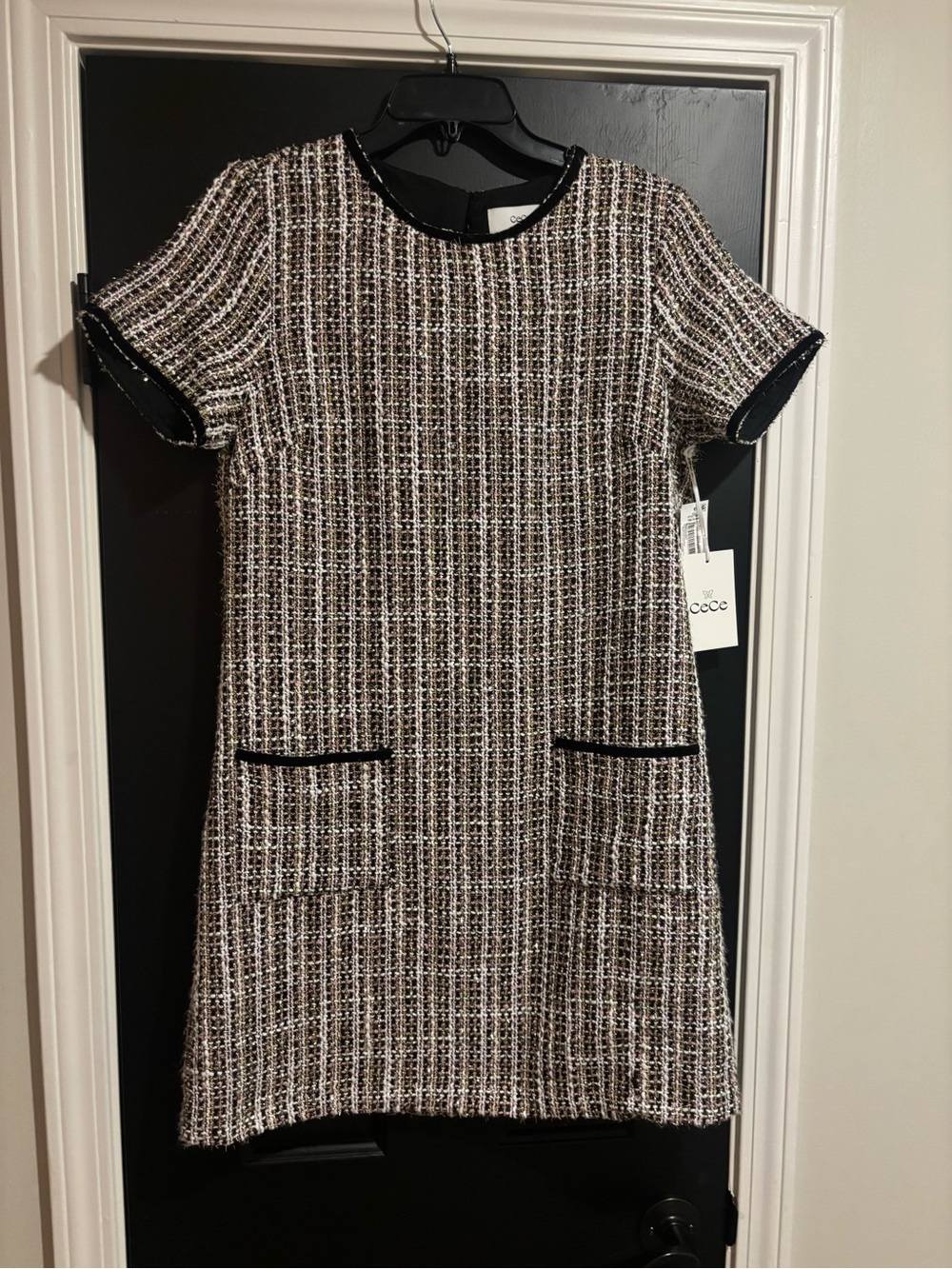 CeCe Black & White Tweed Shift with Pocket Trim